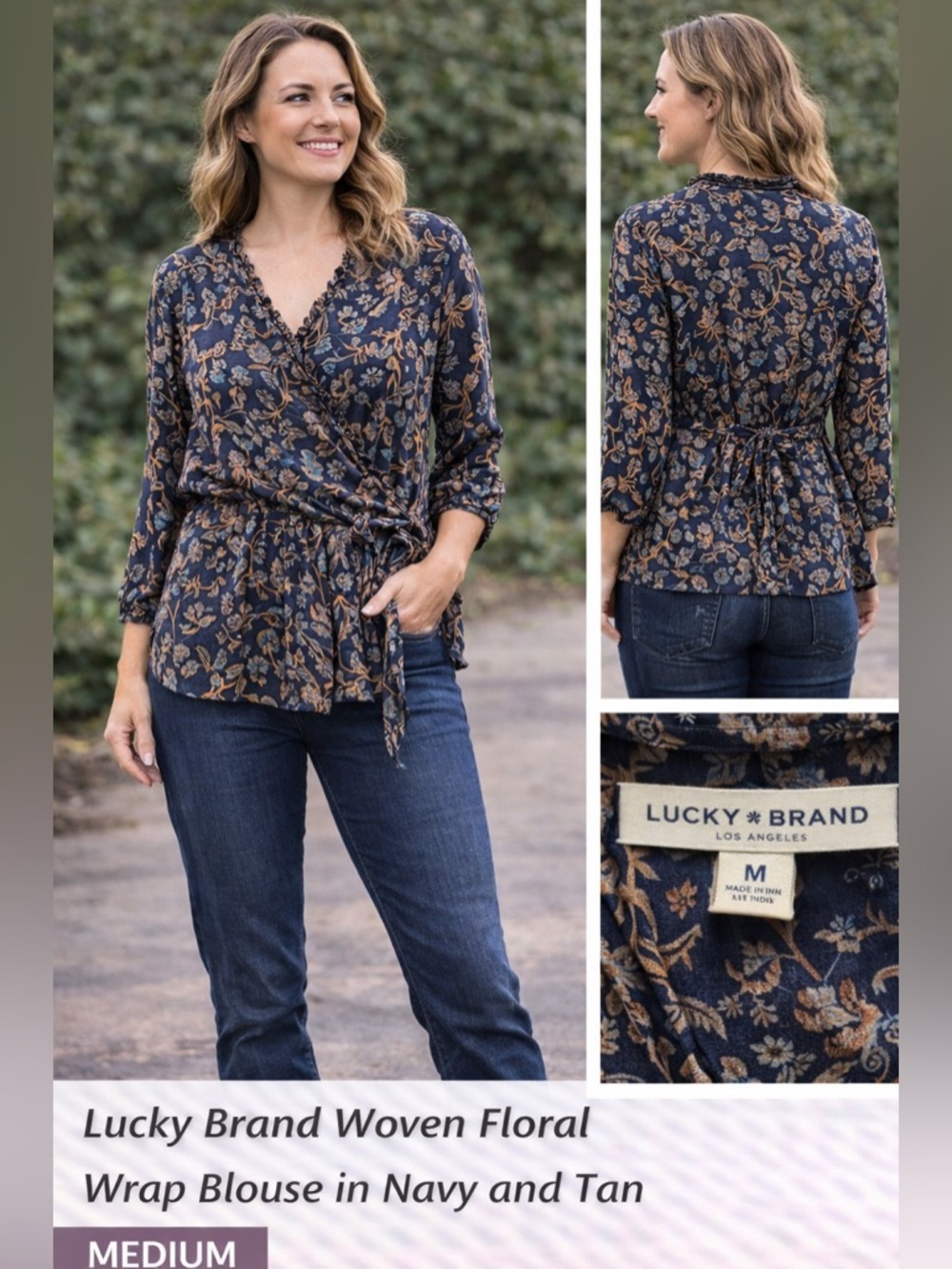 Lucky brand Woven Floral Wrap Blouse in Navy and Tan MEDIUM